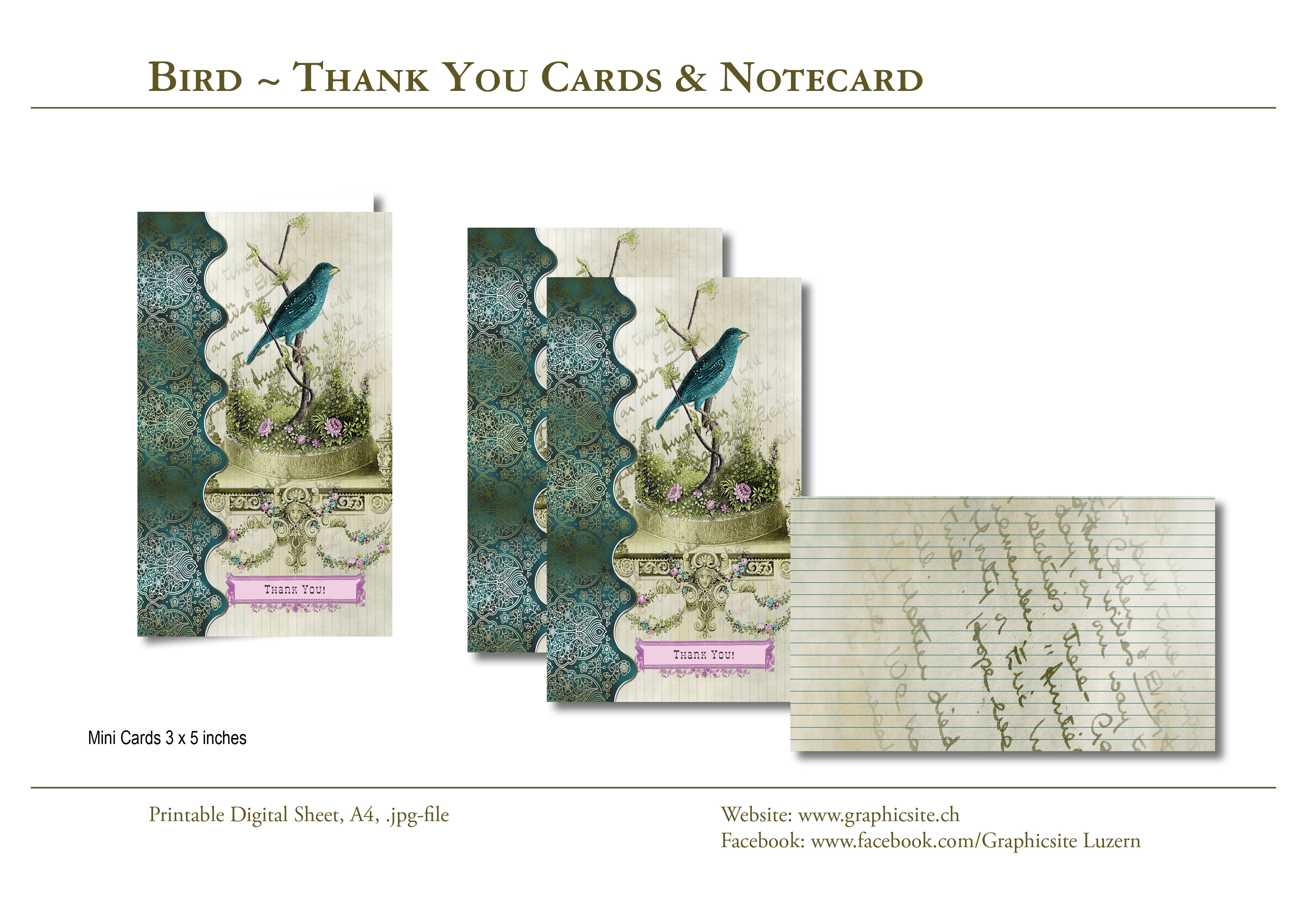 Printable Digital Sheets - 3x5 Inches - Bird Thank You Card - Greeting Cards - Notecards - Graphic Design Luzern, Schweiz